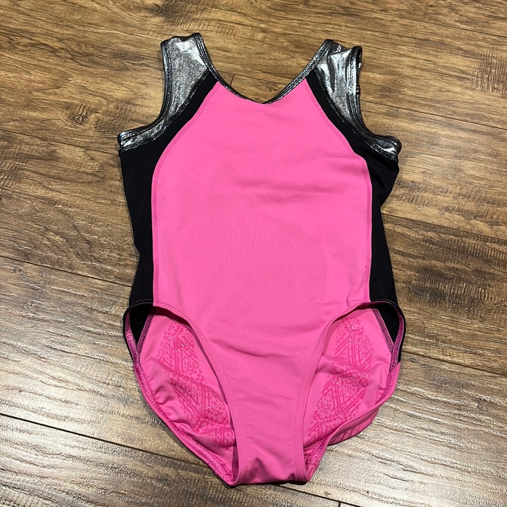 Ivivva pink, silver and black gymnastics bodysuit